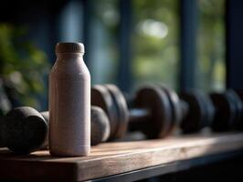 Protein shake on wooden table near dumbbells in fitness space photo