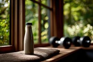 Protein shake resting on a towel in a cozy workout space photo