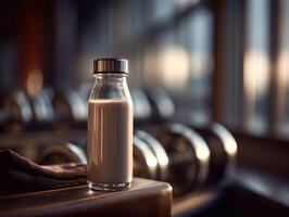 Protein shake in a gym setting during evening hours photo