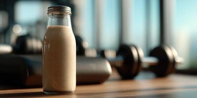 Protein shake in a glass bottle with gym equipment in background photo