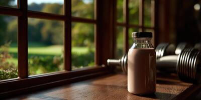 Protein shake on a wooden table near a window with weights photo