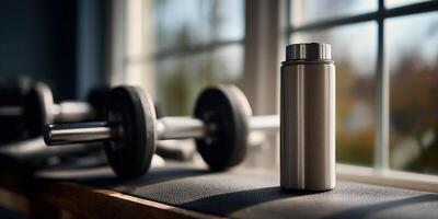 Protein shake container resting next to dumbbells by a window photo