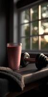 Refreshing protein shake sits near a dumbbell in a home gym setting photo