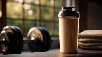 Protein shake resting on gym bench next to weights and towels photo