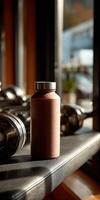 Protein shake bottle on gym bench with weights in background photo