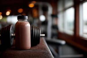 A bottle of protein powder sits on a bench photo