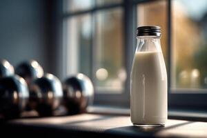 Protein shake in glass bottle placed near weights in bright room photo