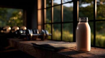 Protein shake resting on a wooden surface near weights in a gym photo