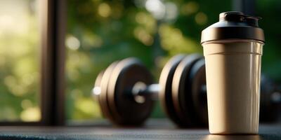 Protein shake beside dumbbells in a bright workout space photo