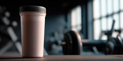 Protein shake on a gym bench beside workout equipment in the afternoon photo