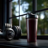 Protein shake on a gym bench with weights in the background photo