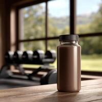 Protein shake in a workout space with natural light during daytime photo