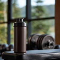 Protein shake container on weight bench in gym with natural light photo