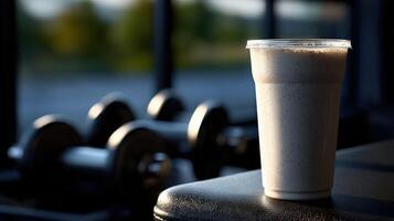 A glass of milk sits on a table in front of a gym photo