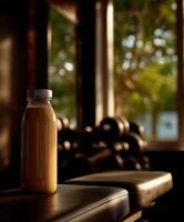 Refreshing protein shake in gym, ready for post-workout recovery photo