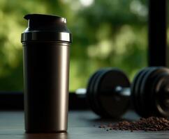 Protein shake container on wooden table beside weights and coffee beans photo