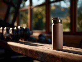 Protein shake bottle stands on wooden bench in gym during golden hour photo