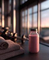 Refreshing protein shake sits on a gym bench during sunset workout photo