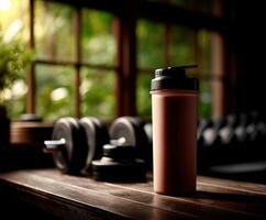 Protein shake sits on a table in a gym during workout hours photo