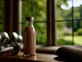 Enjoying a protein shake after an intense workout by the window photo