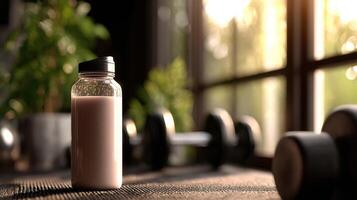 Protein shake bottle on gym floor with weights in the background photo