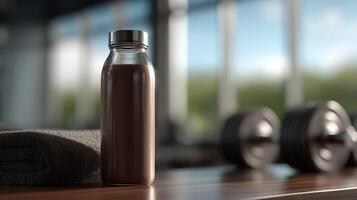 Protein shake placed on a wooden surface in a fitness center photo