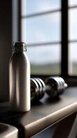 Enjoying a protein shake in a fitness studio by the window photo