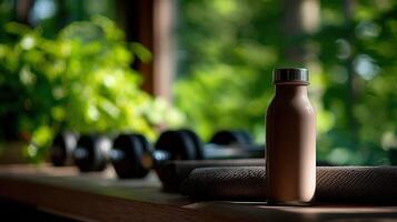 Sleek protein shake bottle on workout bench near dumbbells and greens photo