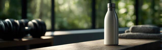 Protein shake bottle positioned on a wooden surface in a gym setting photo