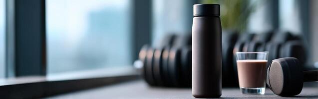 Protein shake and weights on a gym bench in bright daylight photo