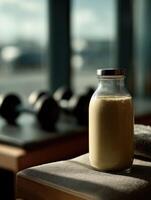 Protein shake sits on a table in a fitness center during the day photo