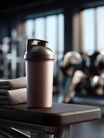 Protein shake on gym bench after workout session at fitness center photo