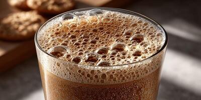 Protein shake topped with bubbles near fresh cookies photo