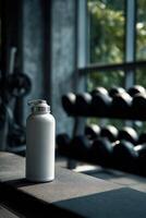 Protein shake bottle positioned on gym bench during workout session photo