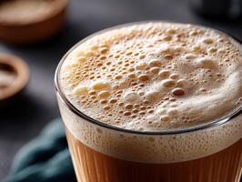 Refreshing protein shake with frothy texture on a kitchen counter photo