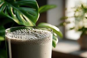 Creamy protein shake in a refreshing setting with greenery nearby photo