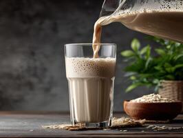 Protein shake being poured into a glass at a rustic kitchen setting photo