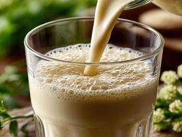 Protein shake being poured into a glass with a creamy texture photo