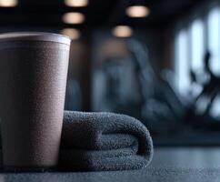 Revitalizing protein shake beside a towel in a modern gym setting photo