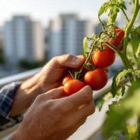 Harvesting ripe tomatoes from a balcony garden in sunny weather photo
