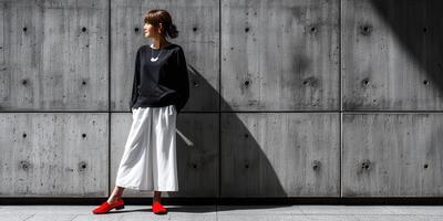 Stylish woman poses against textured concrete wall in urban setting photo