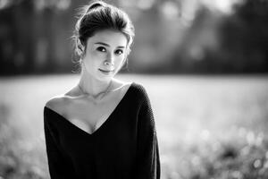 Black and white portrait of a young woman in a natural setting photo