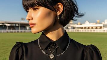 Elegant woman poses in black attire at a sunny outdoor location photo