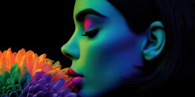 Woman with vibrant face paint and colorful flowers in shadow photo