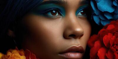 Elegant portrait featuring a model with vibrant makeup and flowers photo