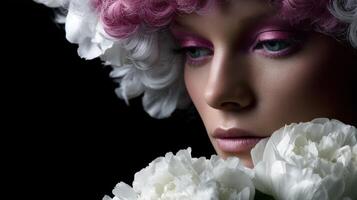 Elegant model in floral headpiece and soft makeup portrait photo