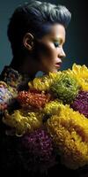 Model poses gracefully with vibrant flowers in a studio setting photo