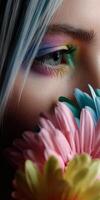 Colorful makeup and flowers create vibrant artistic expression photo