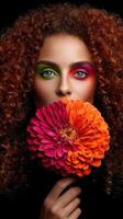 Model showcases vibrant makeup with bold flower in a dark setting photo