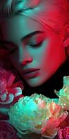 Model surrounded by colorful flowers in a soft light setting photo
